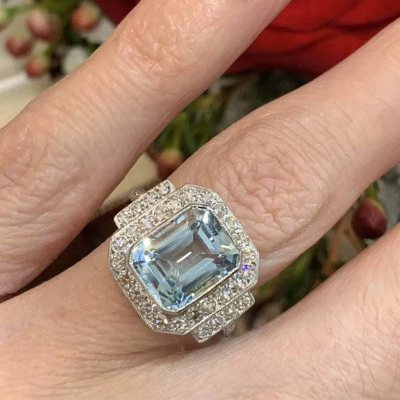 Wholesale Women's Square Aquamarine Zircon Ring Copper Geometric Style