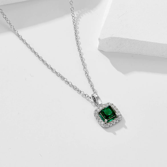 Wholesale Women's Square Geometric 925 Sterling Silver Emerald Zircon Pendant Necklace With Diamond Design
