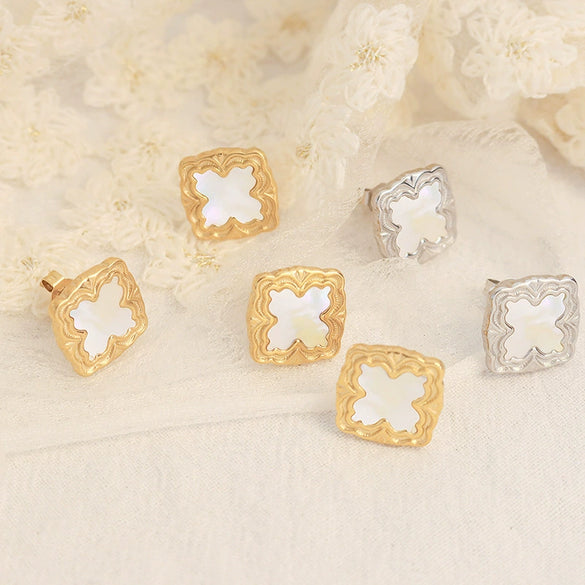 Wholesale Women's Square Sea Shell Earrings Titanium Steel Electroplated 18K Real Gold Geometric Style
