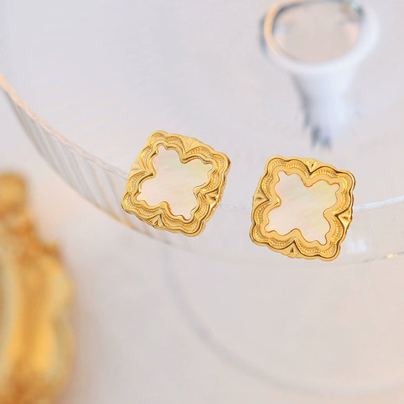 Wholesale Women's Square Sea Shell Earrings Titanium Steel Electroplated 18K Real Gold Geometric Style