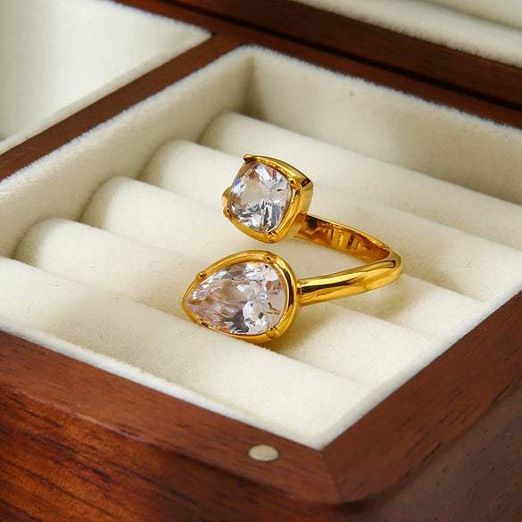 Wholesale Women's Stackable Double Zircon Open Ring 18K Gold Plated Stainless Steel Geometric Drop Shape Minimalist Ins Style