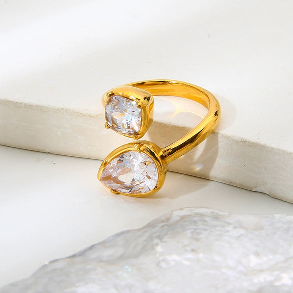 Wholesale Women's Stackable Double Zircon Open Ring 18K Gold Plated Stainless Steel Geometric Drop Shape Minimalist Ins Style