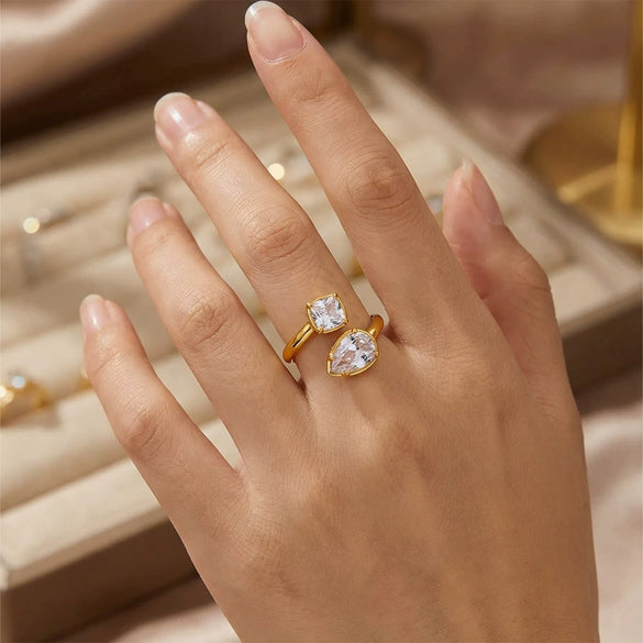 Wholesale Women's Stackable Double Zircon Open Ring 18K Gold Plated Stainless Steel Geometric Drop Shape Minimalist Ins Style