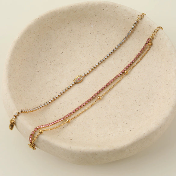 Wholesale Women's Stackable Geometric Stainless Steel And 18K Electroplated Bracelet With Pink Zircon And Gentle Devil's Eye Design