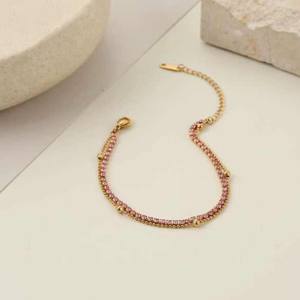 Wholesale Women's Stackable Geometric Stainless Steel And 18K Electroplated Bracelet With Pink Zircon And Gentle Devil's Eye Design