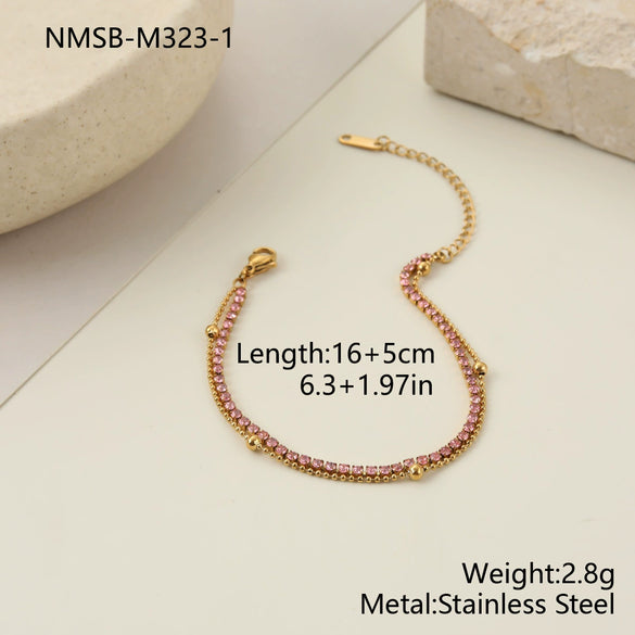 Wholesale Women's Stackable Geometric Stainless Steel And 18K Electroplated Bracelet With Pink Zircon And Gentle Devil's Eye Design