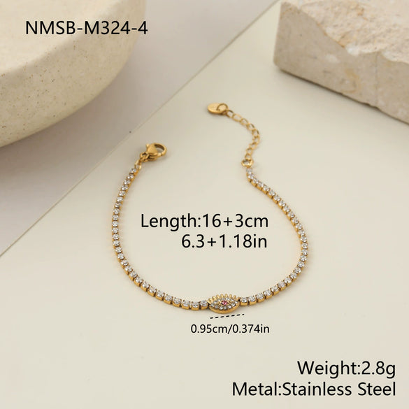 Wholesale Women's Stackable Geometric Stainless Steel And 18K Electroplated Bracelet With Pink Zircon And Gentle Devil's Eye Design