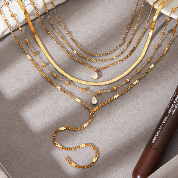Wholesale Women's Stackable Multilayer Clavicle Necklace Yshaped Titanium Steel Plated With 18K Gold Nonfading Water Drop Zircon
