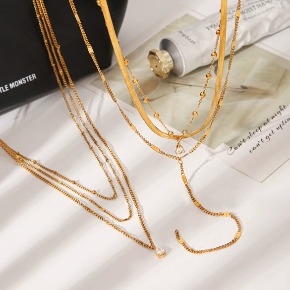Wholesale Women's Stackable Multilayer Clavicle Necklace Yshaped Titanium Steel Plated With 18K Gold Nonfading Water Drop Zircon