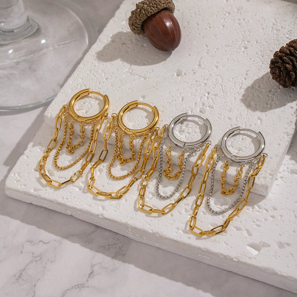Wholesale Women's Stacked Chain Tassel Earrings With Geometric Lines In Titanium Steel And Stainless Steel Vacuum Real Gold Plated