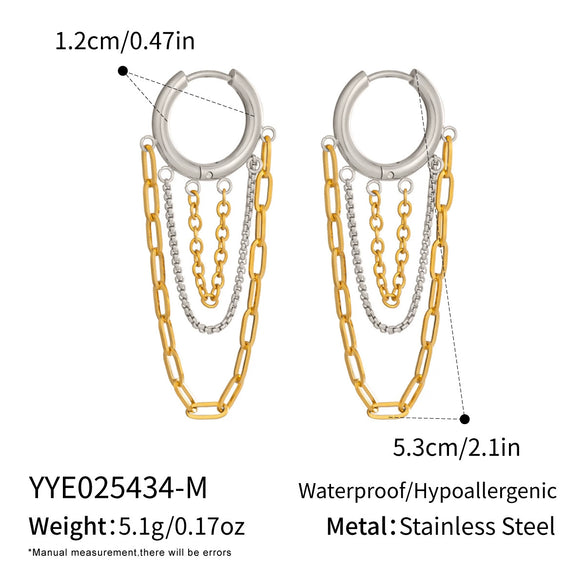 Wholesale Women's Stacked Chain Tassel Earrings With Geometric Lines In Titanium Steel And Stainless Steel Vacuum Real Gold Plated