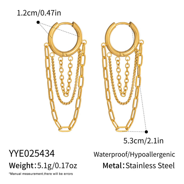 Wholesale Women's Stacked Chain Tassel Earrings With Geometric Lines In Titanium Steel And Stainless Steel Vacuum Real Gold Plated