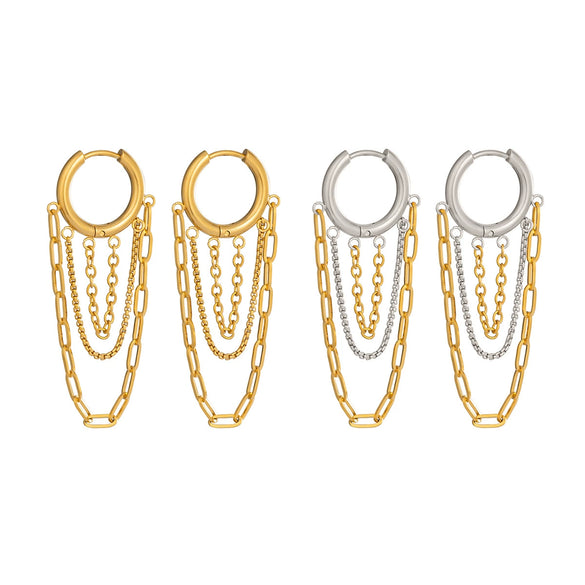 Wholesale Women's Stacked Chain Tassel Earrings With Geometric Lines In Titanium Steel And Stainless Steel Vacuum Real Gold Plated