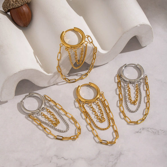 Wholesale Women's Stacked Chain Tassel Earrings With Geometric Lines In Titanium Steel And Stainless Steel Vacuum Real Gold Plated