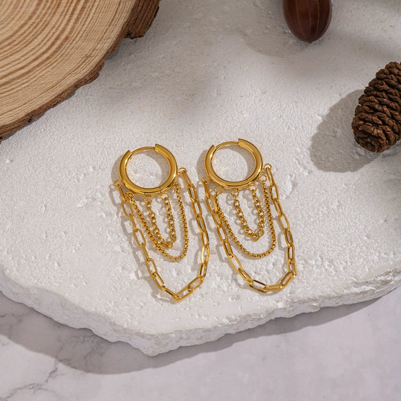 Wholesale Women's Stacked Chain Tassel Earrings With Geometric Lines In Titanium Steel And Stainless Steel Vacuum Real Gold Plated
