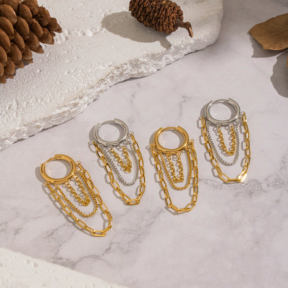 Wholesale Women's Stacked Chain Tassel Earrings With Geometric Lines In Titanium Steel And Stainless Steel Vacuum Real Gold Plated
