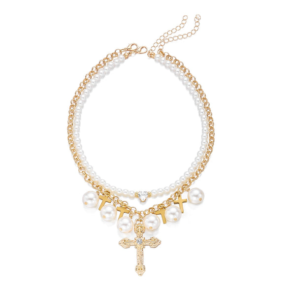 Wholesale Women's Stacking Style Geometric Pearl Alloy Electroplated Doublelayered Clavicle Necklace