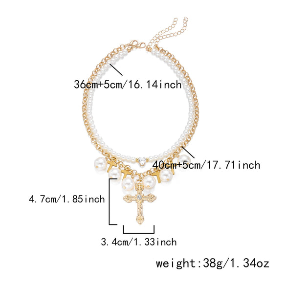 Wholesale Women's Stacking Style Geometric Pearl Alloy Electroplated Doublelayered Clavicle Necklace
