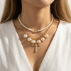 Wholesale Women's Stacking Style Geometric Pearl Alloy Electroplated Doublelayered Clavicle Necklace