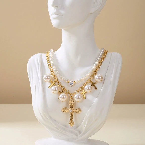 Wholesale Women's Stacking Style Geometric Pearl Alloy Electroplated Doublelayered Clavicle Necklace