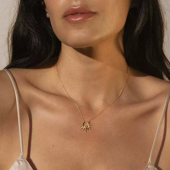 Wholesale Women's Stacking Style Sun Moon Zircon Stainless Steel Pendant Necklace With Dripping Oil And Electroplated 18K Gold Color Retention