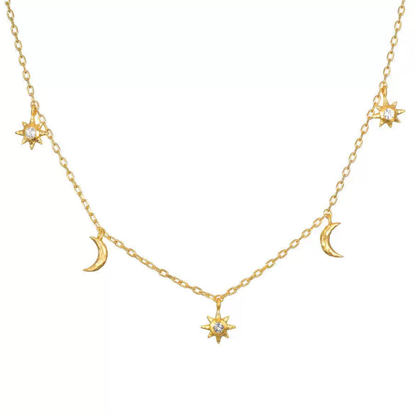 Wholesale Women's Stacking Style Sun Moon Zircon Stainless Steel Pendant Necklace With Dripping Oil And Electroplated 18K Gold Color Retention