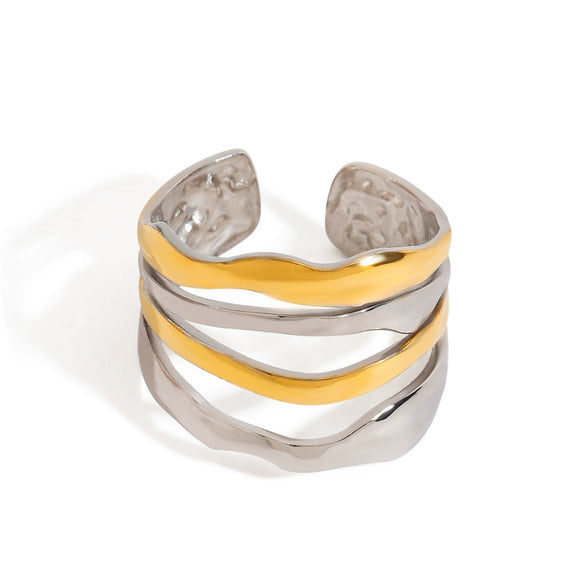 Wholesale Women's Stainless Steel Adjustable Opening Ring With Gold And Silver Color Matching Multi Layer Lines Geometric French Retro Style And Electroplating Process