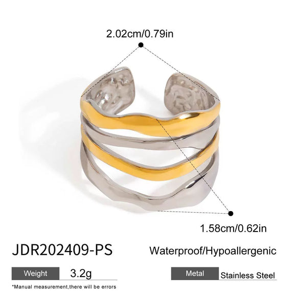 Wholesale Women's Stainless Steel Adjustable Opening Ring With Gold And Silver Color Matching Multi Layer Lines Geometric French Retro Style And Electroplating Process