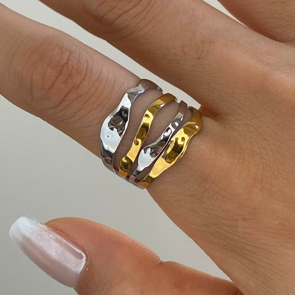 Wholesale Women's Stainless Steel Adjustable Opening Ring With Gold And Silver Color Matching Multi Layer Lines Geometric French Retro Style And Electroplating Process