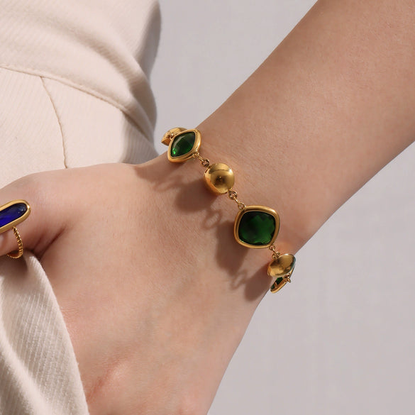 Wholesale Women's Stainless Steel And Czech Glass Stone Geometric Pattern Electroplated Ferris Wheel Cube Faceted Hollow Round Stitching Bracelet Hand Jewelry