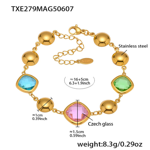 Wholesale Women's Stainless Steel And Czech Glass Stone Geometric Pattern Electroplated Ferris Wheel Cube Faceted Hollow Round Stitching Bracelet Hand Jewelry