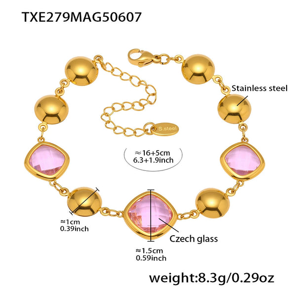 Wholesale Women's Stainless Steel And Czech Glass Stone Geometric Pattern Electroplated Ferris Wheel Cube Faceted Hollow Round Stitching Bracelet Hand Jewelry