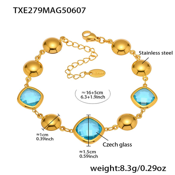 Wholesale Women's Stainless Steel And Czech Glass Stone Geometric Pattern Electroplated Ferris Wheel Cube Faceted Hollow Round Stitching Bracelet Hand Jewelry