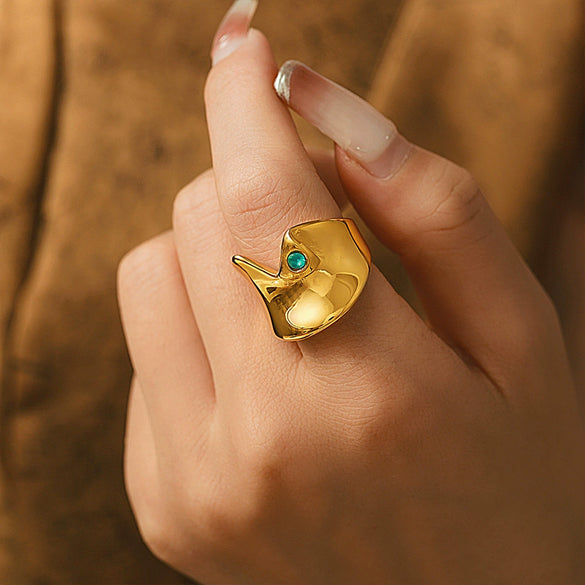 Wholesale Women's Stainless Steel And Glass Geometric Arc Concave Ring With Electroplating Lake Blue Niche Fashion