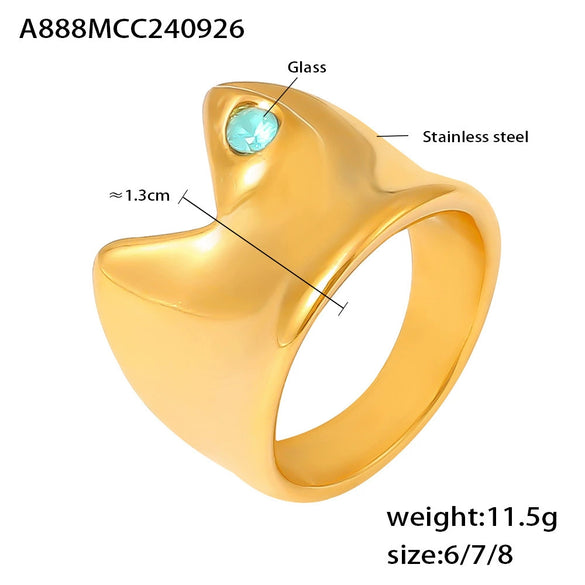 Wholesale Women's Stainless Steel And Glass Geometric Arc Concave Ring With Electroplating Lake Blue Niche Fashion
