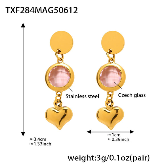 Wholesale Women's 316L Stainless Steel And Glass Geometric Heart Tassel Earrings With Electroplating