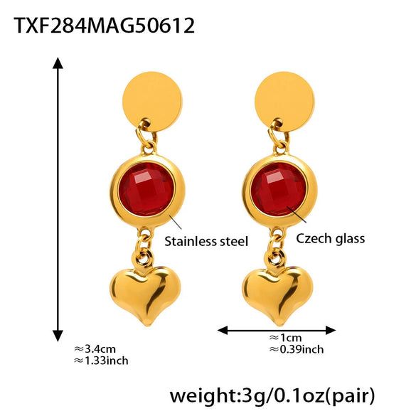Wholesale Women's 316L Stainless Steel And Glass Geometric Heart Tassel Earrings With Electroplating