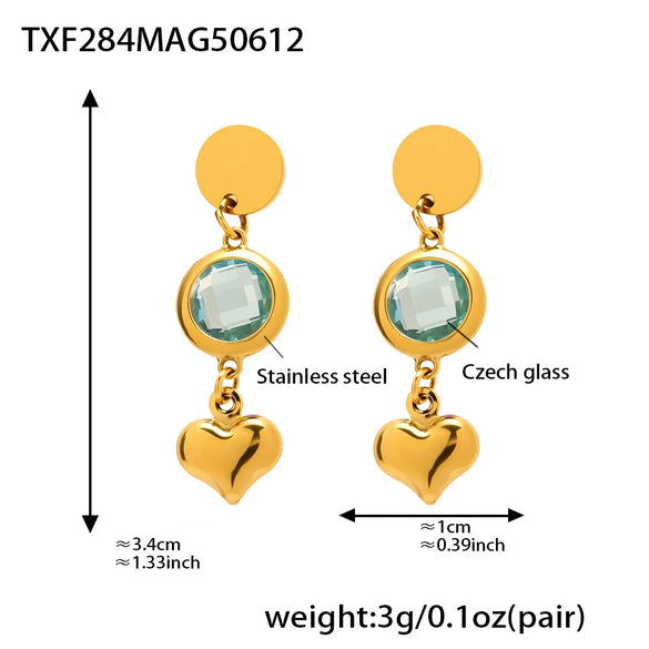 Wholesale Women's 316L Stainless Steel And Glass Geometric Heart Tassel Earrings With Electroplating