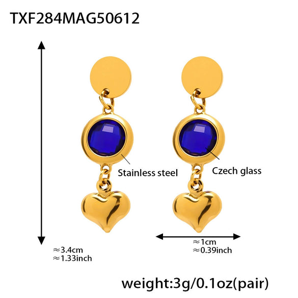 Wholesale Women's 316L Stainless Steel And Glass Geometric Heart Tassel Earrings With Electroplating