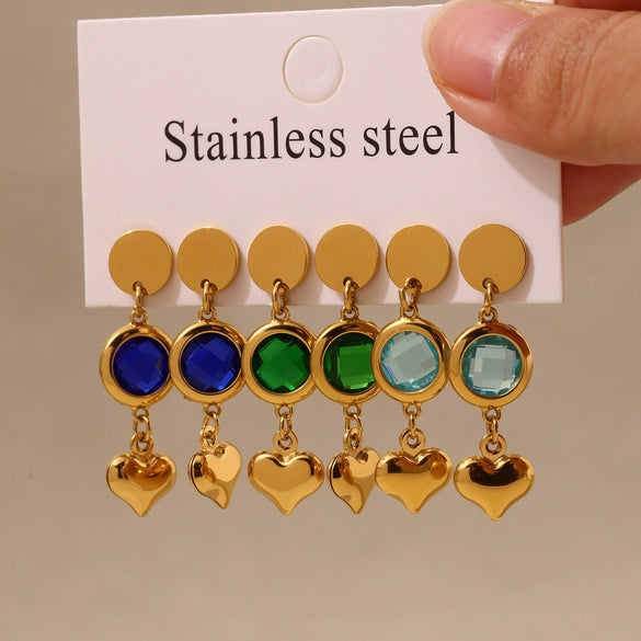 Wholesale Women's 316L Stainless Steel And Glass Geometric Heart Tassel Earrings With Electroplating