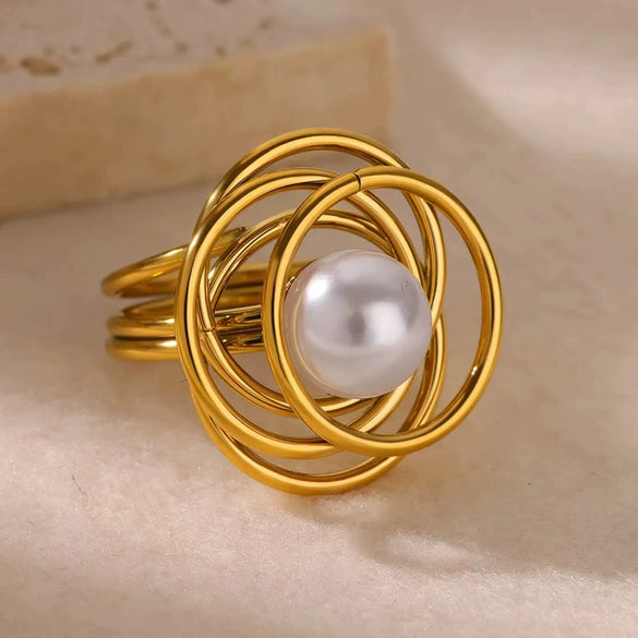 Wholesale Women's Stainless Steel And Imitation Pearl Ring French Retro Geometric Electroplated Light Luxury Elegant Allmatch Jewelry