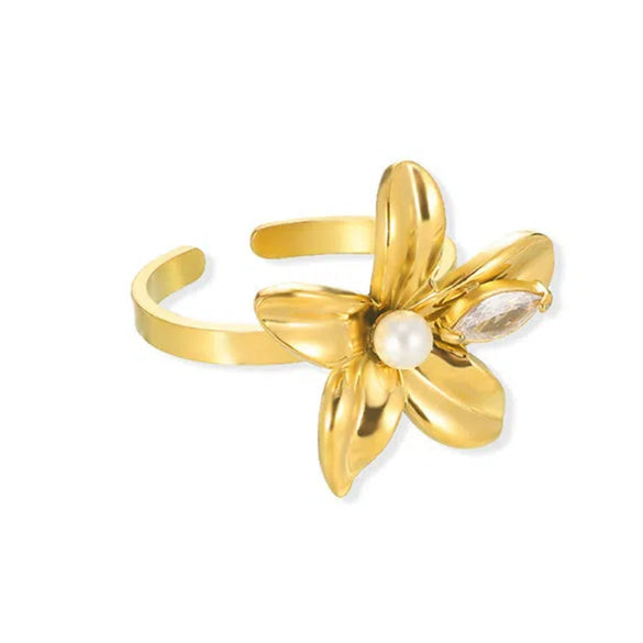 Wholesale Women's Stainless Steel And Imitation Pearl Ring With Bow And Heart Shape Electroplated Design