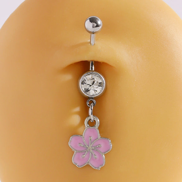 Wholesale Women's Stainless Steel And K9 Geometric Shape Belly Button Ring With Butterfly Heart And Flower Pendants Fine Polished Navel Piercing Jewelry