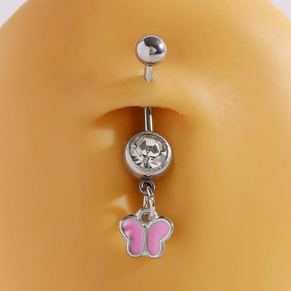 Wholesale Women's Stainless Steel And K9 Geometric Shape Belly Button Ring With Butterfly Heart And Flower Pendants Fine Polished Navel Piercing Jewelry