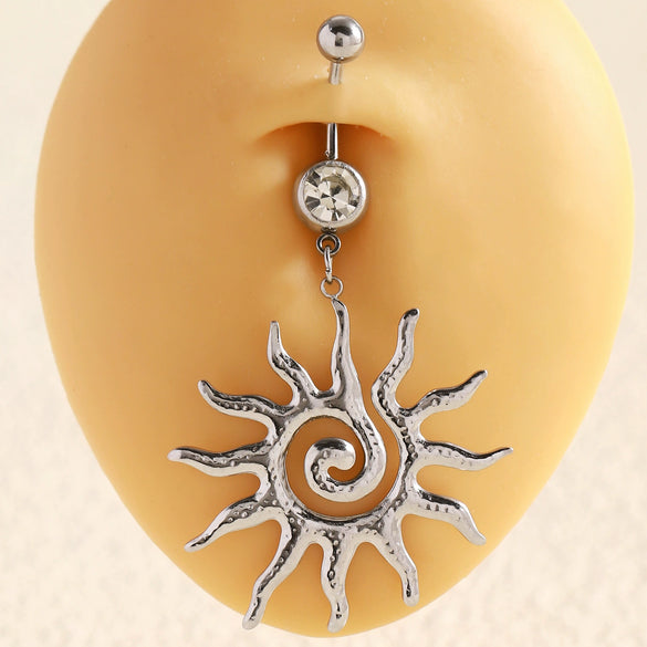 Wholesale Women's Stainless Steel And K9 Geometric Shape Belly Button Ring With Butterfly Heart And Flower Pendants Fine Polished Navel Piercing Jewelry