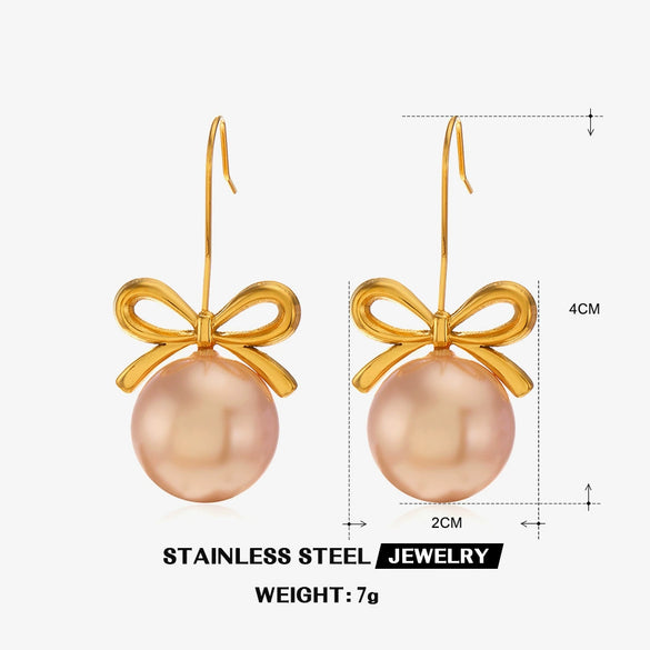 Wholesale Women's Stainless Steel And Pearl Bow Earrings With Electroplating Treatment