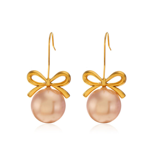 Wholesale Women's Stainless Steel And Pearl Bow Earrings With Electroplating Treatment