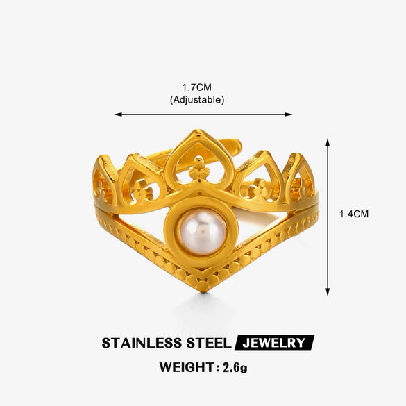 Wholesale Women's Stainless Steel And Pearl Crown Ring With Electroplating