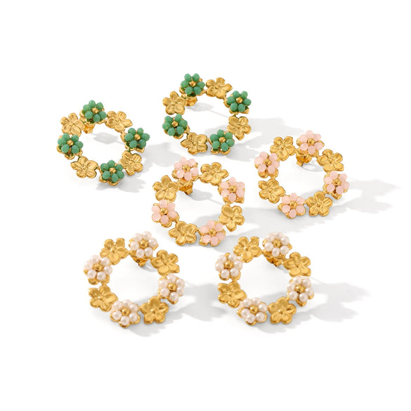 Wholesale Women's Stainless Steel And Pearl Flower Earrings With Electroplating Design