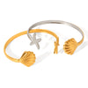 Wholesale Women's Stainless Steel And Shell Electroplated Starfish Ocean Element Open Bracelet Jewelry